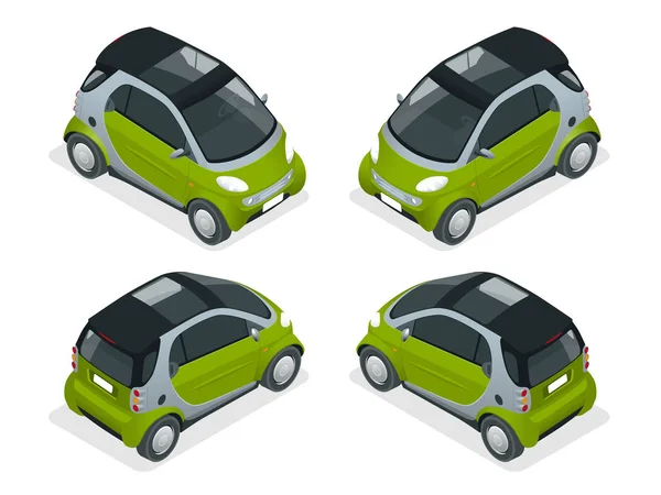 Isometrisches Hybridauto. Stadtauto isoliert auf weißem Hintergrund. Vektor Kleinwagen Smart. Fahrzeuge isoliert. — Stockvektor