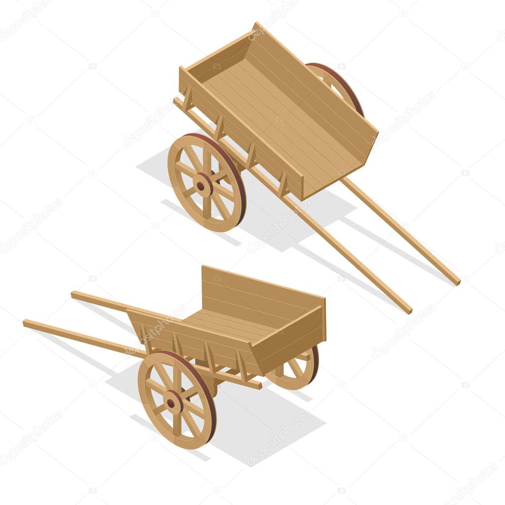 Isometric vintage wooden cart. Flat 3d vector illustration isolated on white