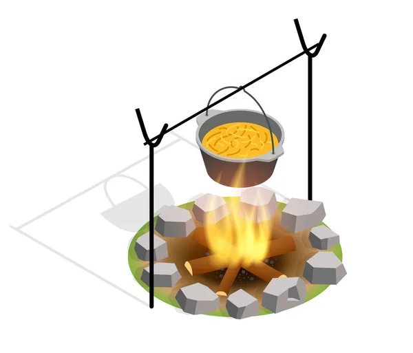 Fogueira isométrica queima de lenha no acampamento, camping e caminhadas Turismo ao ar livre Item relacionado Isolado Vector Ilustração —  Vetores de Stock