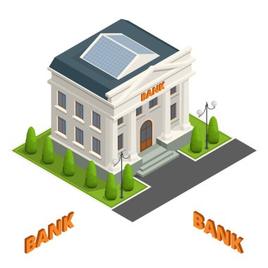 Banka Finans beyaz arka plan üzerinde izole illüstrasyon simge oluşturma. Cityscape. İş ve Finans Para, güvenli, durumda, sembollerin elmas, kart, çanta, kumbara, madeni para. Vektör düz çizim