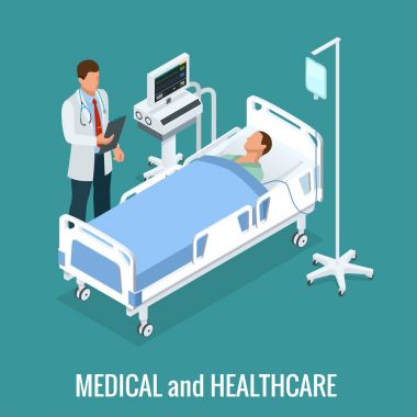 Hastane odasında 3D çizim izometrik iç düz. Hastayı tedavi doktorlar. Hastane Klinik iç işlem koğuş hücre 3d isometry izometrik kavramı web vektör çizim düz.