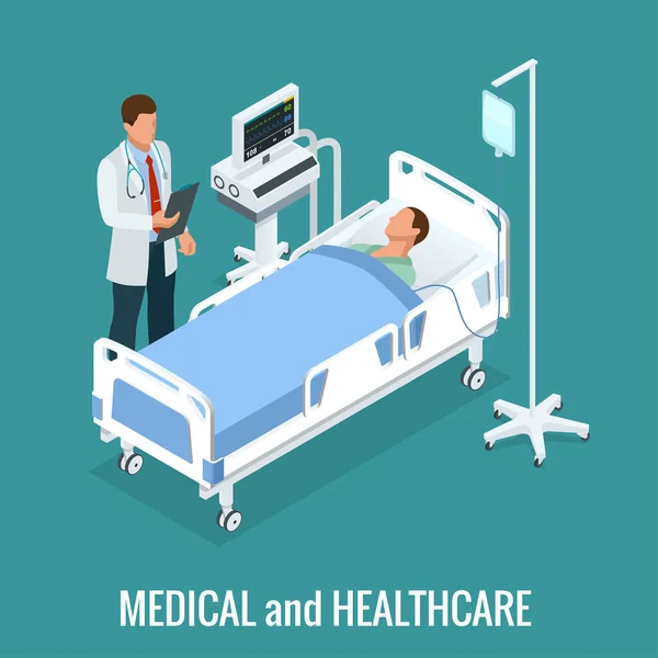 Flache 3D-Illustration isometrisches Innere des Krankenhauszimmers. Ärzte, die den Patienten behandeln. Krankenhaus Klinik Innenraum Operation Station Zellen flach 3d Isometrie isometrisches Konzept Web-Vektor Illustration. — Stockvektor