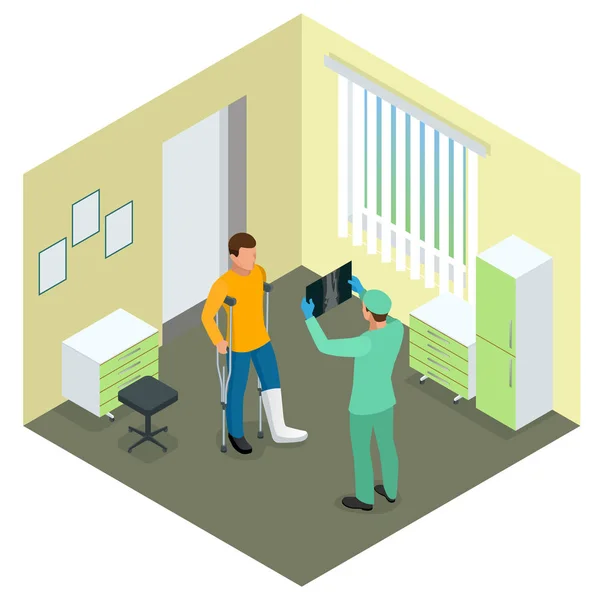 X-rays of leg fracture patients concept. Medical doctor is talking to patient with broken leg and showing him X-ray picture in hospital room. Isometric vector illustration — Stock Illustration X-rays of leg fracture patients concept. Medical doctor is talking to patient with broken leg and showing him X-ray picture in hospital room. Isometric vector illustration Stock Illustration