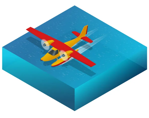 Watervliegtuig op het water. Platte 3d isometrische illustratie voor infographics, spelletjes en ontwerp. Vervoer door de lucht voor de reis en werk. — Stockvector