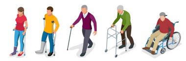 Kırık bacak veya bacak yaralanma. Genç ve yaşlı insanlarda koltuk değneği, tekerlekli sandalye ile bir gyse. Travma sonrası rehabilitasyon. Ortopedi ve tıp. 3D izometrik çizimde düz
