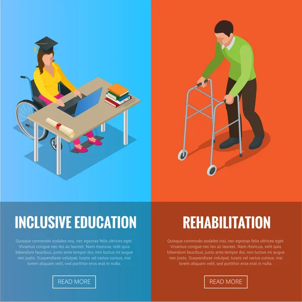 Osoby se zdravotním postižením transparenty s invalidní vozík a rehabilitace plochý izolované vektorové ilustrace — Stockový vektor