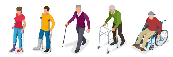 骨折的腿或腿部受伤。年轻人和 gyse 与拐杖，坐在轮椅上的老人们。外伤后康复。骨科和医学。平的 3d 等距图 — 图库矢量图片