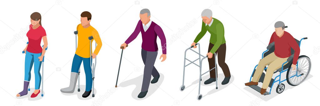 Fracture of leg or leg injury. Young and old people in a gyse with crutches, a wheelchair. Rehabilitation after trauma. Orthopedics and medicine. Flat 3d isometric illustration