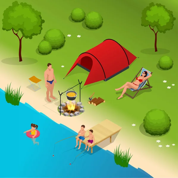 Campeggio estivo e tenda vicino a un fiume o lago. Illustrazione isometrica piatta del vettore 3d. Vacanza e concetto di vacanza . — Vettoriale Stock