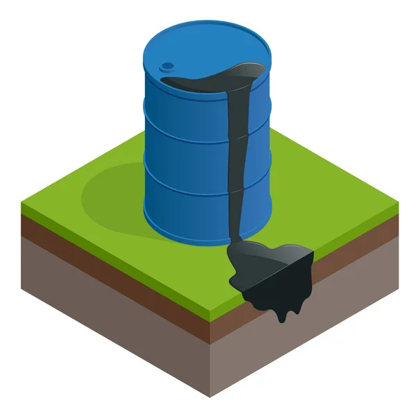 Vetor isométrico Derrame de óleo ou desperdício. barril de óleo tambor sujo isolado no fundo branco . — Vetor de Stock