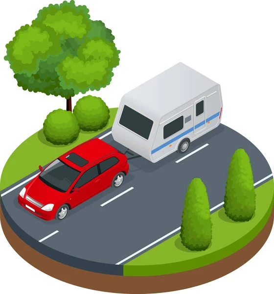 Isometrische rode auto met aanhanger van de Camping op weg. Travel concept. Recreatieve voertuigen. — Stockvector