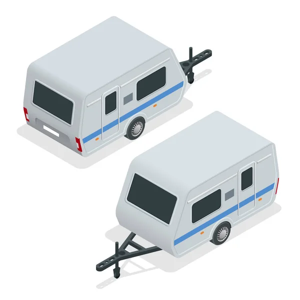 Isometrische Camping trailer op weg. Travel concept. Recreatieve voertuigen. — Stockvector