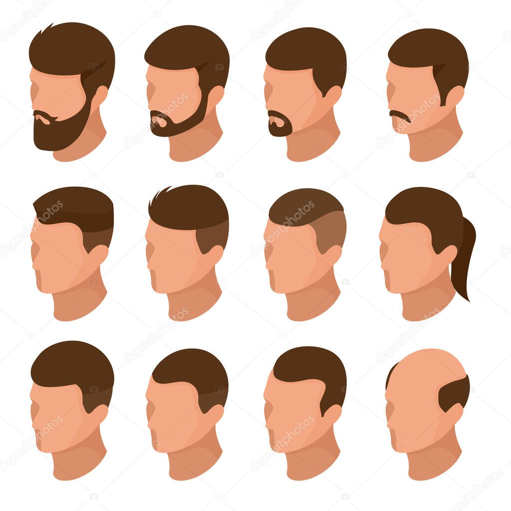 Isometric Businessman or male person character creation set. Collection of of mens hairstyles, hipster style isolation. Side view front of businessman. Vector elements for character animation
