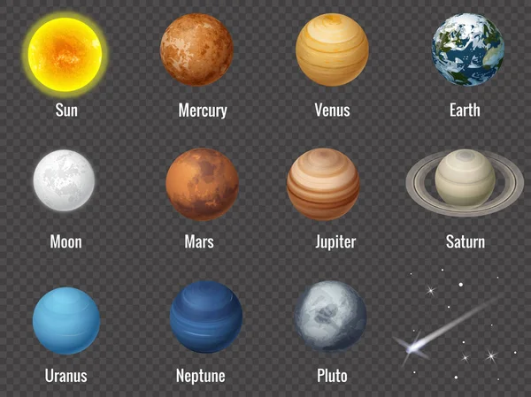 Planety sluneční soustavy na průhledném pozadí, izolované vektorové ilustrace. — Stockový vektor
