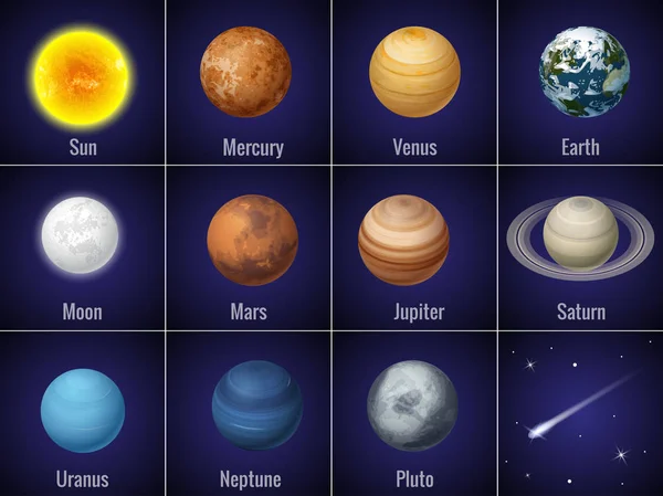 Πλανήτες του ηλιακού συστήματος σε μαύρο φόντο, απομονωμένες διανυσματικά εικονογράφηση. — Διανυσματικό Αρχείο
