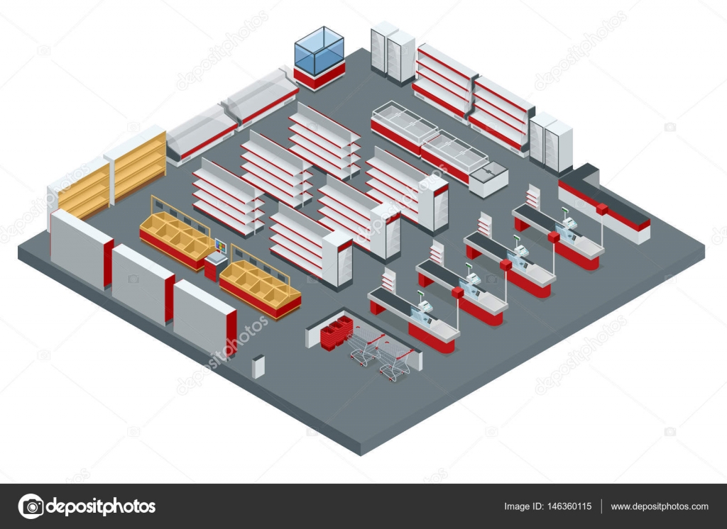 Plan intérieur de supermarché isométrique vectoriel. Image