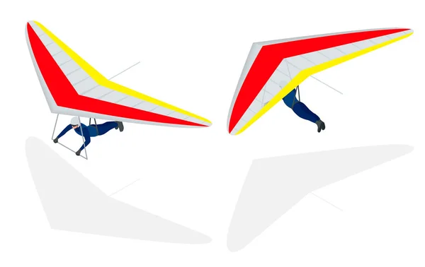 Isometrische hangen-zweefvliegtuig stijgende de thermische opwaartse stroming op een harnas onder de vleugel, geïsoleerd op de witte onderbroken. — Stockvector