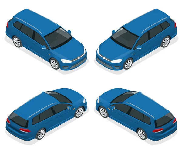 5 Kapılı Hatchback araba izole. Vektör izometrik simgeler kümesi. Beyaz arka plan şablonu. Kolayca renk değiştirme yeteneği. Kentsel ulaşım. — Stok Vektör