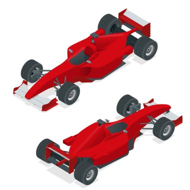 İzometrik kırmızı spor araba ya da Formula 1 araba. 3D izometrik çizimde düz. İnfographics ve tasarım için
