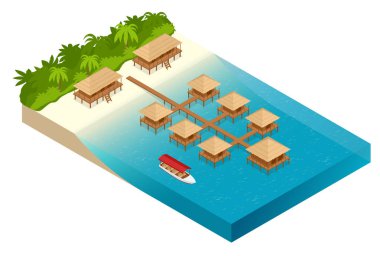 Lüks klasik bir balayı tatil beldesinde tropik ada manzaralı açık mavi lagün bungalow çatı thatched. Tropikal tatil. İzometrik vektör çizim