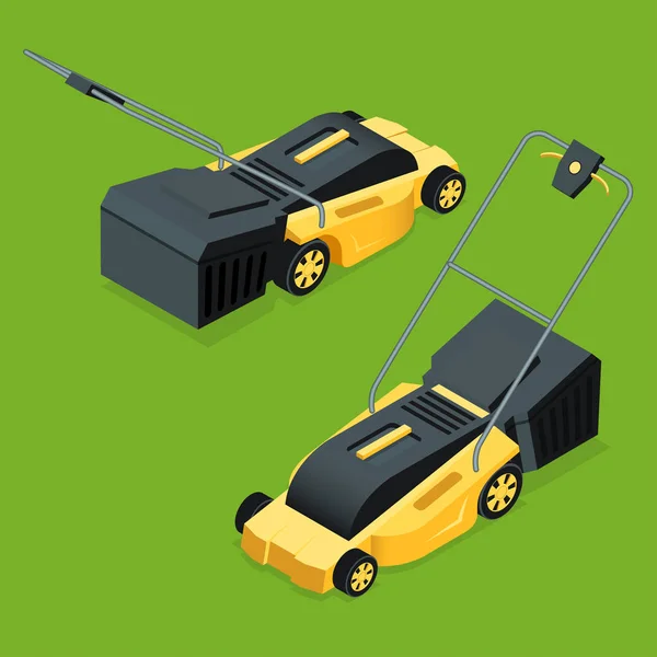 Cortacésped eléctrico amarillo en verano. Césped concepto de servicio de césped. Ilustración isométrica de vectores planos. Equipo de jardín . — Vector de stock