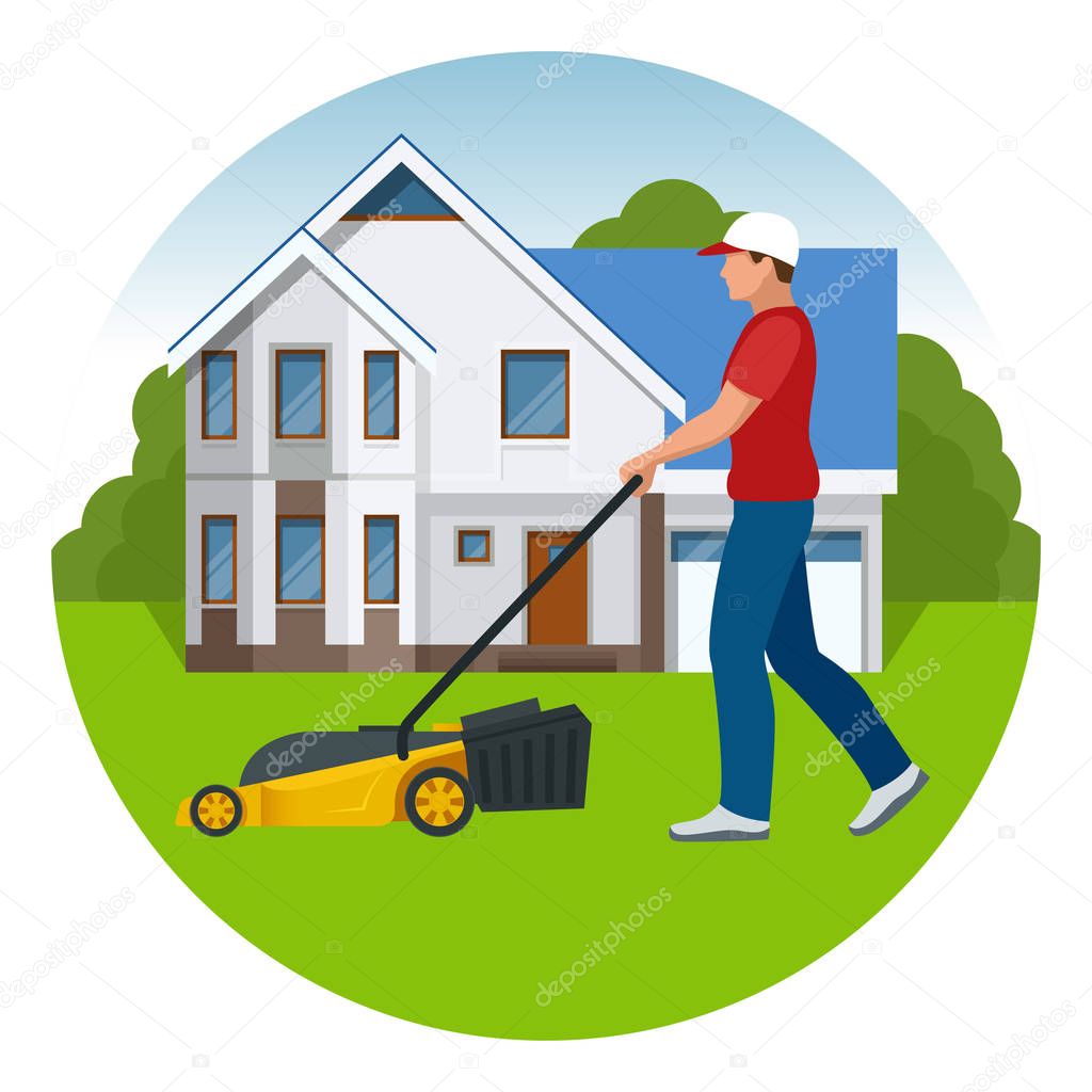 Man mowing the lawn with yellow lawn mower in summertime. Lawn grass service concept. Flat vector illustration