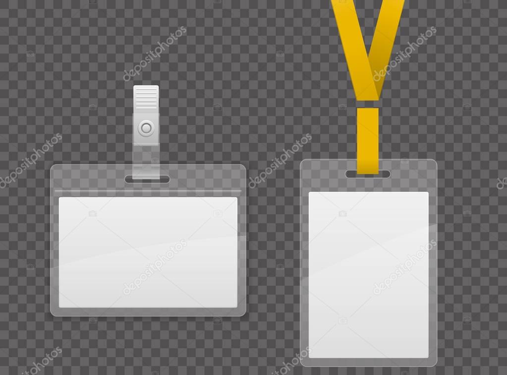Set of lanyard and badge. Template Plastic Badge Identification Set Can Be Used for Presentation, Company or Office. Empty Mock Up. Realistic vector illustration.