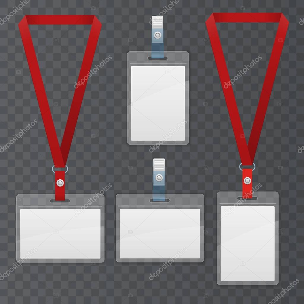 Set of lanyard and badge. Template Plastic Badge Identification Set Can Be Used for Presentation, Company or Office. Empty Mock Up. Realistic vector illustration.