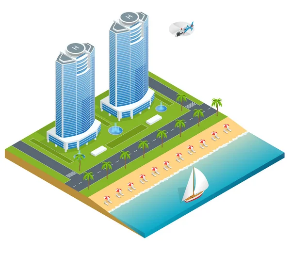 Luxuriöses tropisches Hotelresort mit Palme, Hubschrauber und Meer und Meer. Reise-Sommerausflugsziel und Beach Resort Hotel Quadrat-Konzept für Infografik-Sammlung. — Stockvektor