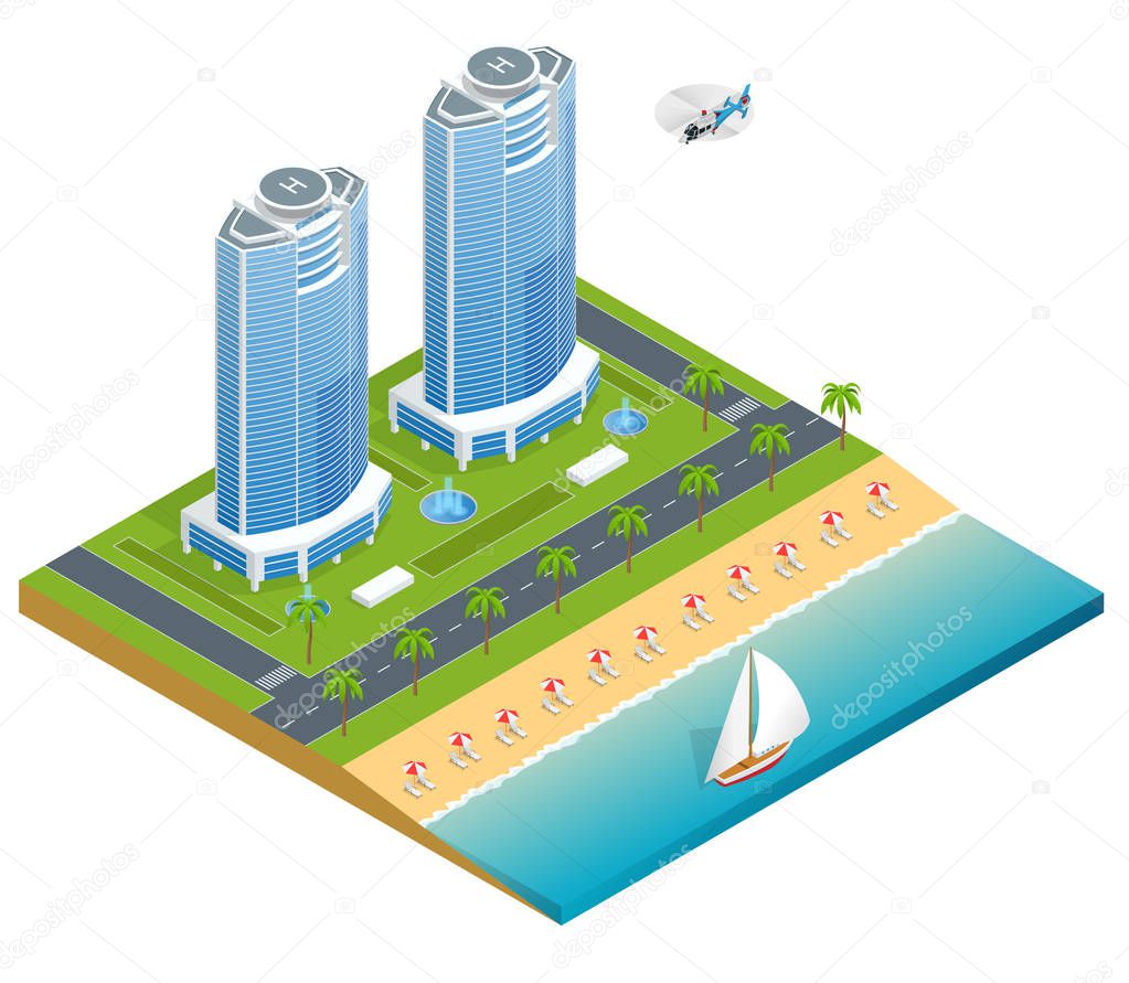 Luxury tropical hotel resort with palm tree, helicopter and sea and sea. Travel summer trip destination and beach resort hotel square concept for infographics collection.Flat vector illustration