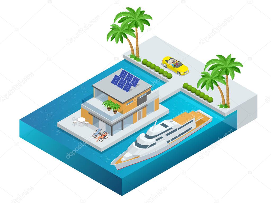 Luxury tropical hotel resort with palm tree, cabriolet,yacht and sea. Travel summer trip destination and beach resort hotel square concept for infographics collection. Vector illustration