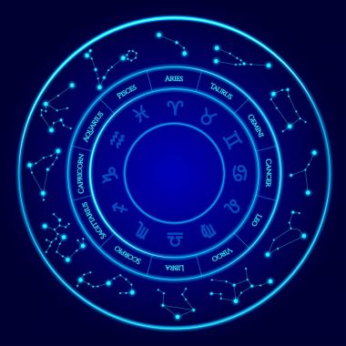 Takımyıldızları vektör kümesi. On iki bir daire içinde yer alan zodyak işaretleri. Mavi neon burç daire. T-shirtler, yastıklar, gibi ürünler için mükemmel albüm kapakları, Web siteleri, el ilanları, afişler