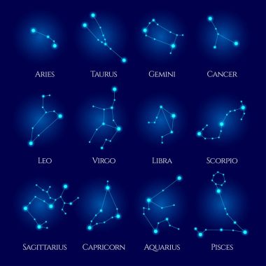 Takımyıldızları vektör kümesi. On iki zodyak işaretleri. Mavi neon burç daire. T-shirtler, yastıklar, gibi ürünler için mükemmel albüm kapakları, Web siteleri, el ilanları, afişler veya herhangi bir tasarım
