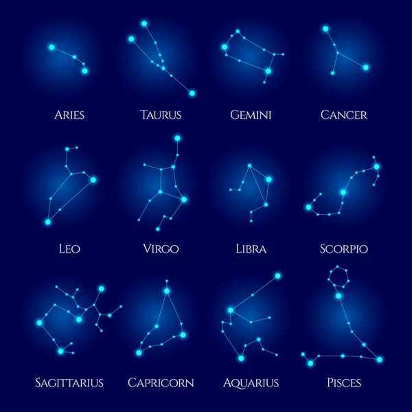 Constelaciones Vector Set. Doce signos del zodíaco. Círculo de horóscopo de neón azul. Perfecto para productos como camisetas, almohadas, portadas de álbumes, sitios web, volantes, carteles o cualquier diseño — Vector de stock
