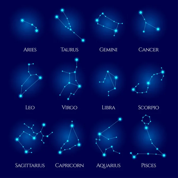 Constelaciones Vector Set. Doce signos del zodíaco. Círculo de horóscopo de neón azul. Perfecto para productos como camisetas, almohadas, portadas de álbumes, sitios web, volantes, carteles o cualquier diseño — Archivo Imágenes Vectoriales