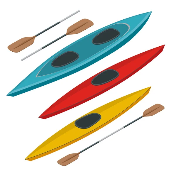 Rafting e kayak collezione di icone. Isometrica plastica kayak acqua ricreativa, turismo o trasporto di viaggio. Illustrazione 3d piatta per infografica e design — Vettoriale Stock