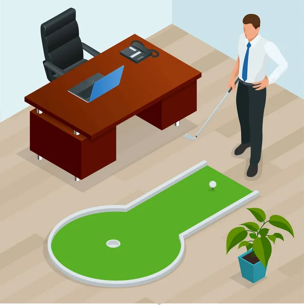 Empresario jugando mini golf en su oficina. Perfecto para productos como camisetas, almohadas, portadas de álbumes, sitios web, volantes, carteles o cualquier diseño — Archivo Imágenes Vectoriales