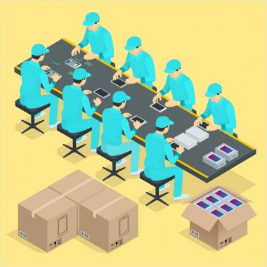 Factory Manual assembly line with works and conveyor belt controlled manufacturing process isometric poster vector illustration clipart