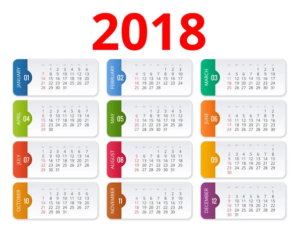 Calendário 2018. Modelo de impressão. A semana começa no domingo. Orientação de Retrato. Conjunto de 12 Meses. Planejador para 2018 Ano . —  Vetores de Stock