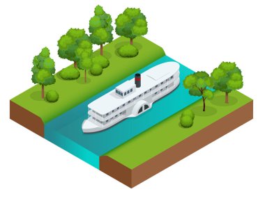 İzometrik eski raketimle gemi gemi Nehri üzerinde. Su ulaştırma araçları. Nehrin üzerinde sürme. 3D çizim düz. İnfographics ve tasarım için