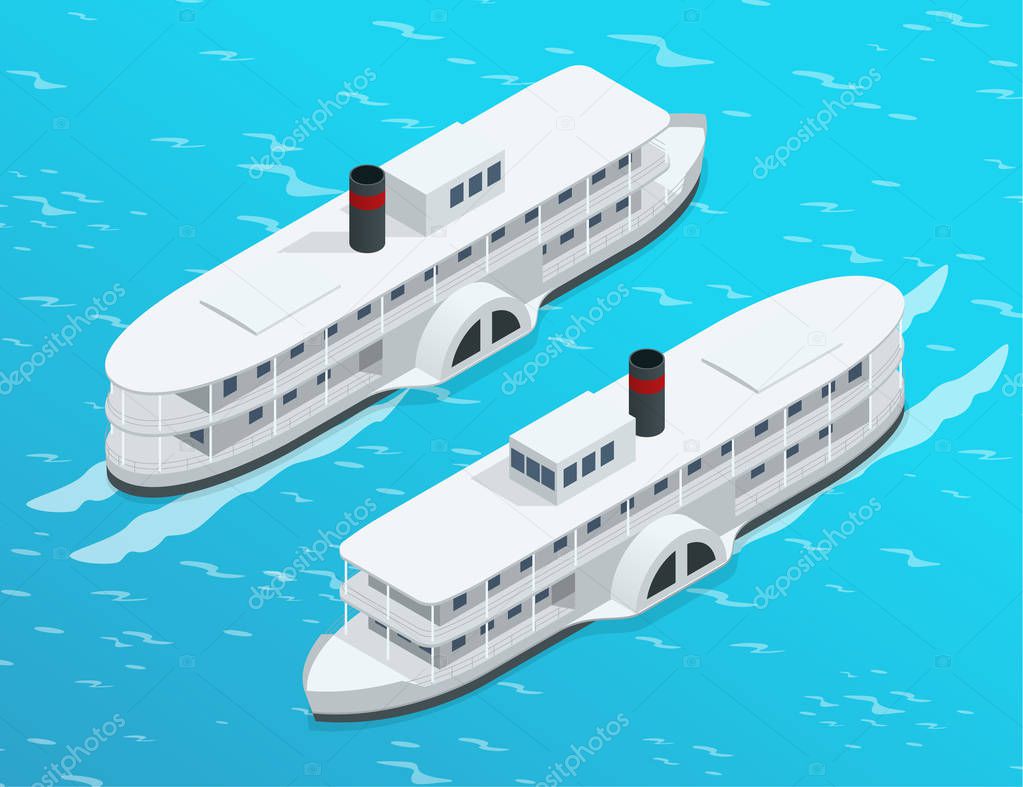 Isometric Old paddle steamer ship on the river. Water transport. Riding on the river. Flat 3d illustration. For infographics and design