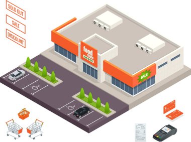 Süpermarket dış, kredi sepeti, pos terminal, kutusu, minimarket, banktomat, alışveriş sepeti tutan kadın. Vektör izometrik çizim