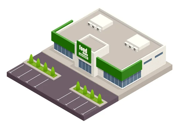 A szupermarket, a parkoló és a bevásárlókocsik. Kiskereskedelemre irányul. Hitelkártyák. Vektor izometrikus illusztráció. szupermarket külseje — Stock Vector