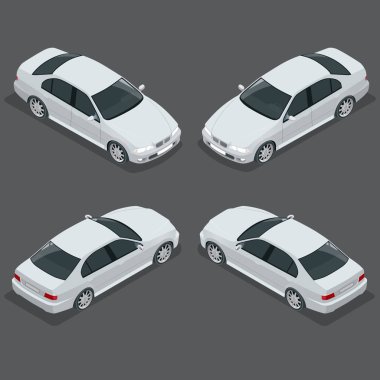 Siyah Sedan araba. Düz izometrik yüksek kaliteli şehir ulaşım Icon set. Vektör çizim.