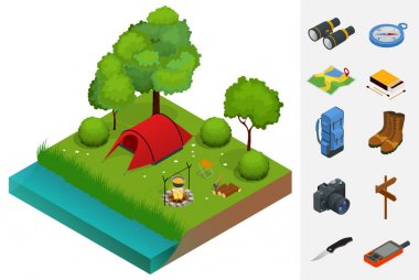 Yaz kamp ve çadır bir nehir ya da göl yakın. Düz 3d izometrik çizim vektör. Tatil ve tatil kavramı.