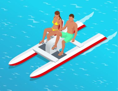 Kürek teknede rahatla. Bir gölde pedallı bot olarak da adlandırılan deniz bisikleti üzerinde bir kaç. Yaz saati kavramı. 3D izometrik çizimde düz. İnfographics, tasarım ve oyunlar için