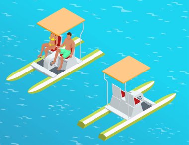 Kürek teknede rahatla. Bir gölde pedallı bot olarak da adlandırılan deniz bisikleti üzerinde bir kaç. Yaz saati kavramı. 3D izometrik çizimde düz. İnfographics, tasarım ve oyunlar için