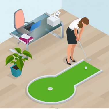 İşkadını ofisinde mini golf oynuyor. T-shirtler, yastıklar, gibi ürünler için mükemmel albüm kapakları, Web siteleri, el ilanları, afişler veya herhangi bir tasarım