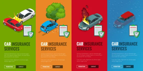 Servicios de seguros de automóviles. Protección contra el peligro, proporcionando seguridad. Ilustración isométrica vectorial diseño plano. Banners web para el sitio web . — Vector de stock