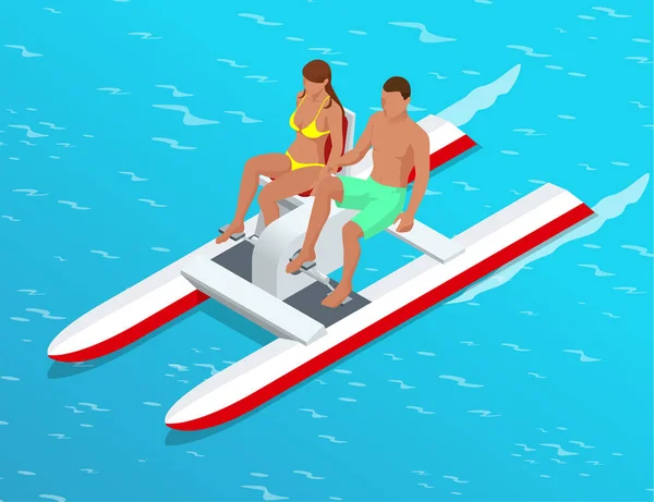 放松在桨船上。夫妇在踏也叫脚踏船在湖面上。夏天的时间概念。平的 3d 等距图。图表、 设计和游戏 — 图库矢量图片